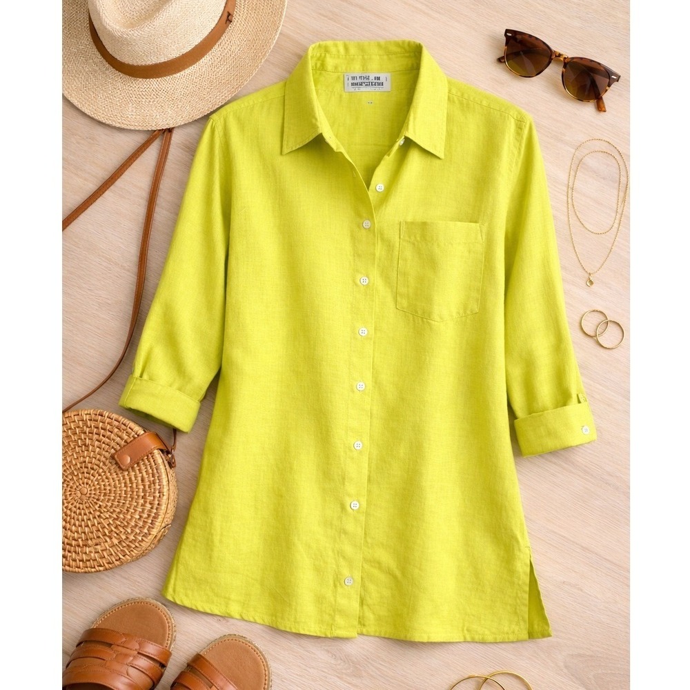 Chicos Design Lime Green 100% Linen Button Down Shirt Tunic Sz 12-14 (Chicos 2)